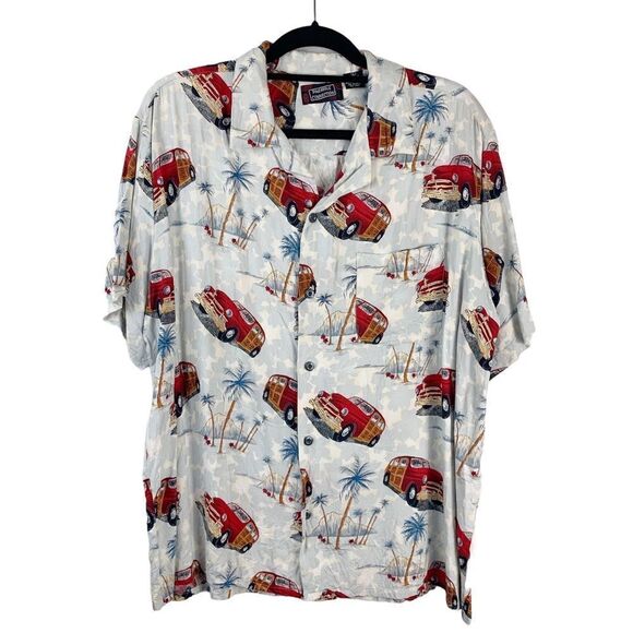 Pineapple Connection Red Vintage Car Palm Tree Hawaiian Men's Shirt - Picture 1 of 6